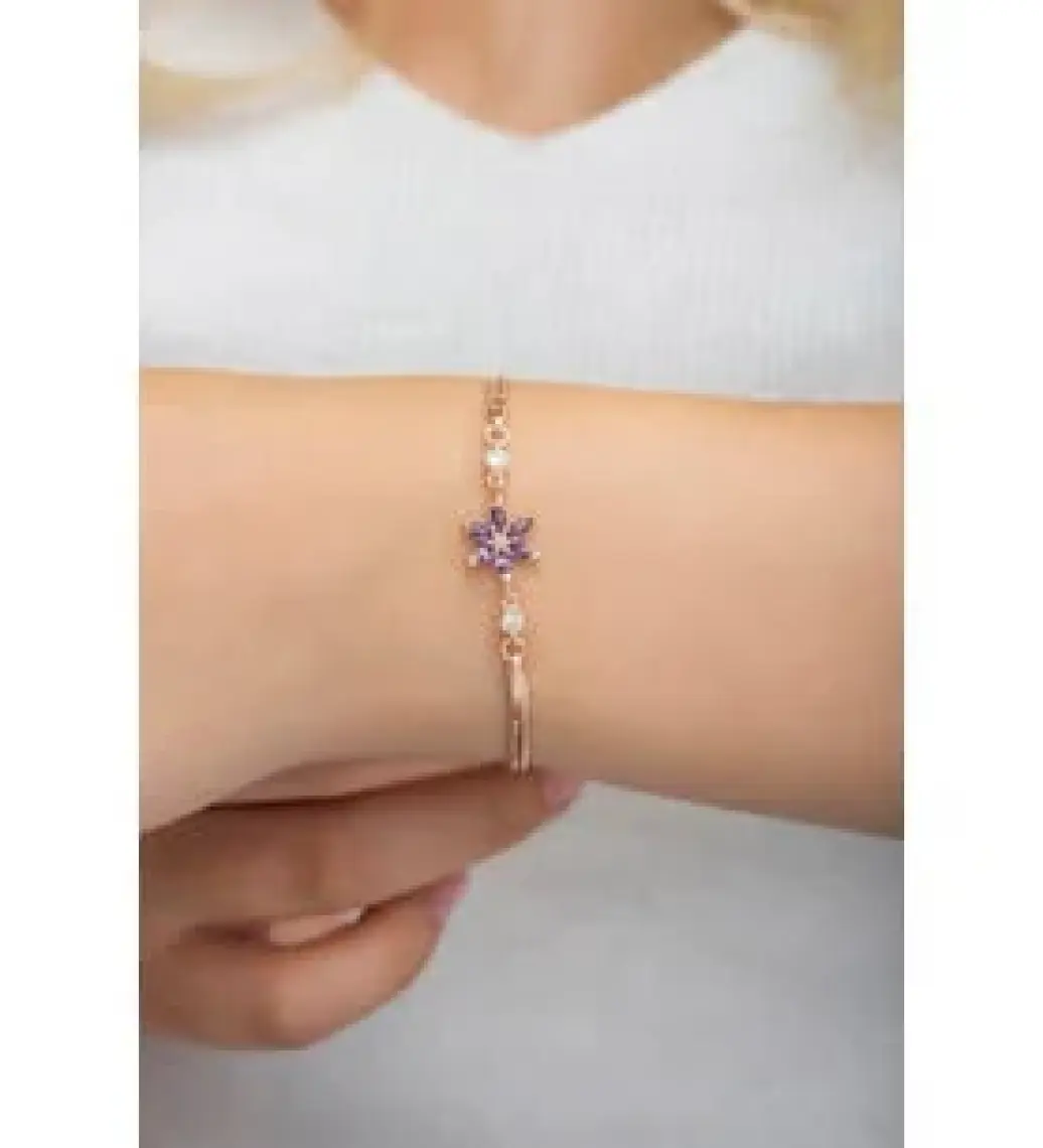 Nereze 925 Ayar Mor Taşlı Lotus Çiçeği Gümüş Bileklik