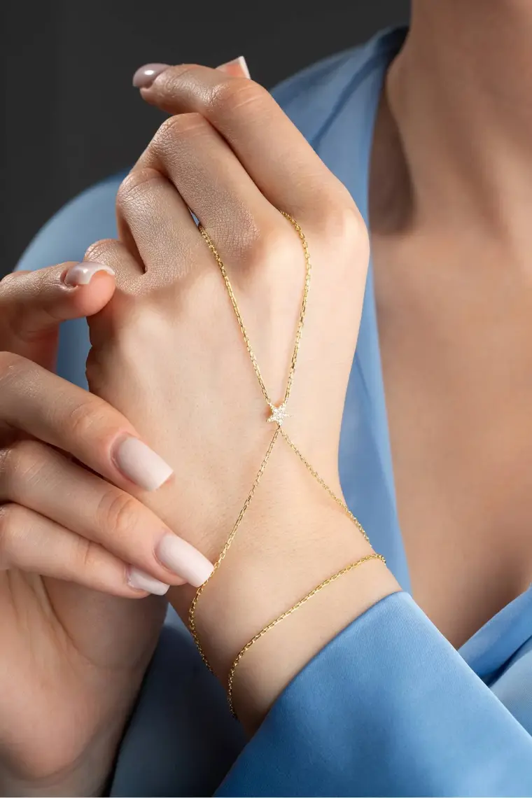 Nereze 925 Ayar Gümüş Gold Kaplama Yıldız Model Şahmeran Bileklik