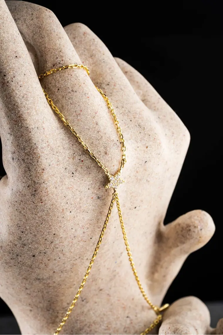 Nereze 925 Ayar Gümüş Gold Kaplama Yıldız Model Şahmeran Bileklik