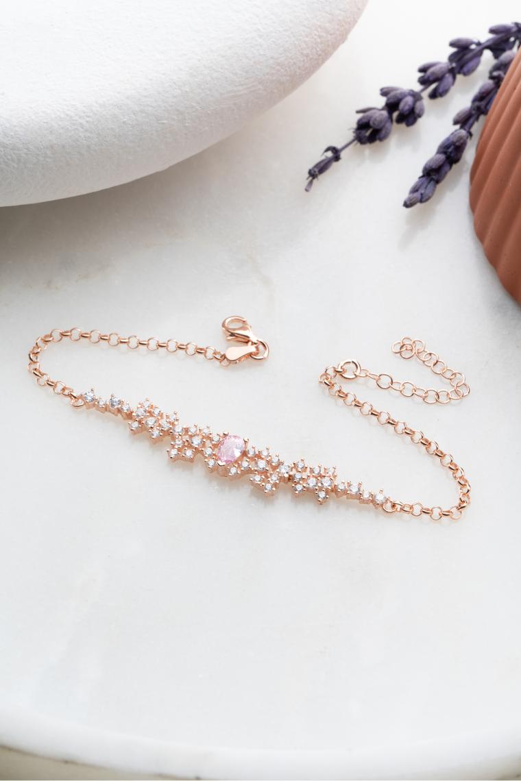 Nereze 925 Ayar Gümüş Rose Kaplama Pembe Zirkon Taşlı Tasarım Bileklik