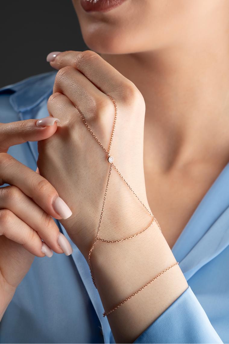 Nereze 925 Ayar Gümüş Rose Kaplama Tektaş Model Şahmeran Bileklik