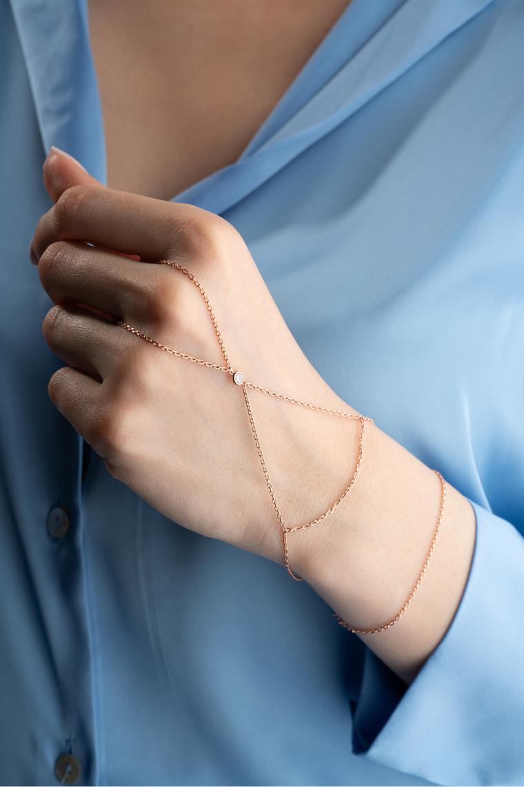 Nereze 925 Ayar Gümüş Rose Kaplama Tektaş Model Şahmeran Bileklik