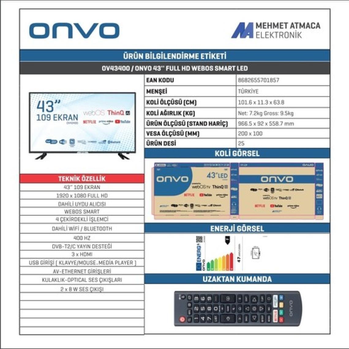 Onvo OV43400 43" 109 Ekran Uydu Alıcılı Full HD WebOS Smart LED TV