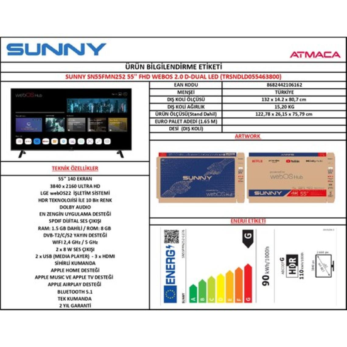 Sunny SN55FMN252 4K Ultra HD 55" 140 Ekran Uydu Alıcılı webOS Smart LED TV