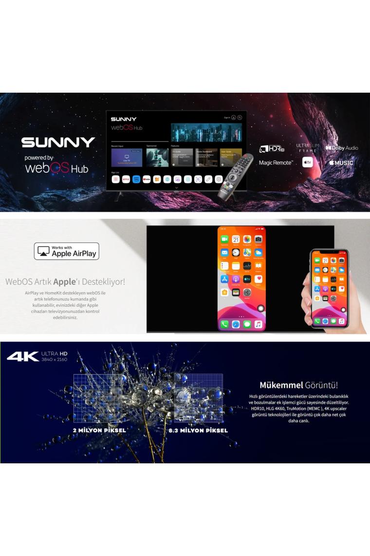 Sunny SN65FMN252 Frameless 4K Ultra HD 65" 165 Ekran Uydu Alıcılı webOS Smart LED TV