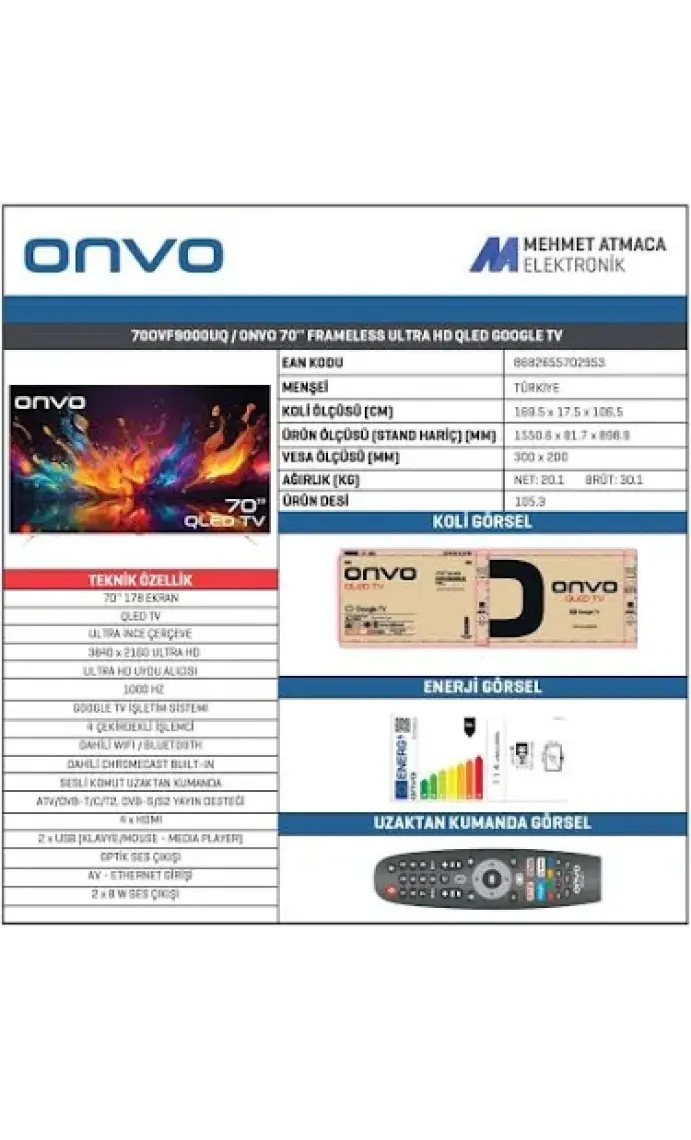 Onvo 70OVF9000UQ 70'' 178 Ekran Uydu Alıcılı 4K Ultra HD QLED Google Smart TV