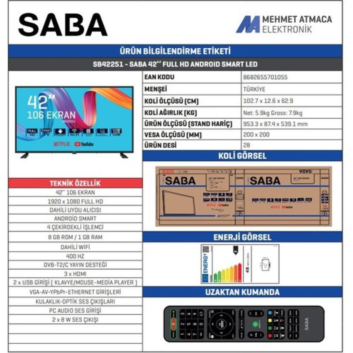 Saba SB42251 42" 106 Ekran Dahili Uydu Alıcılı Full HD Smart LED TV
