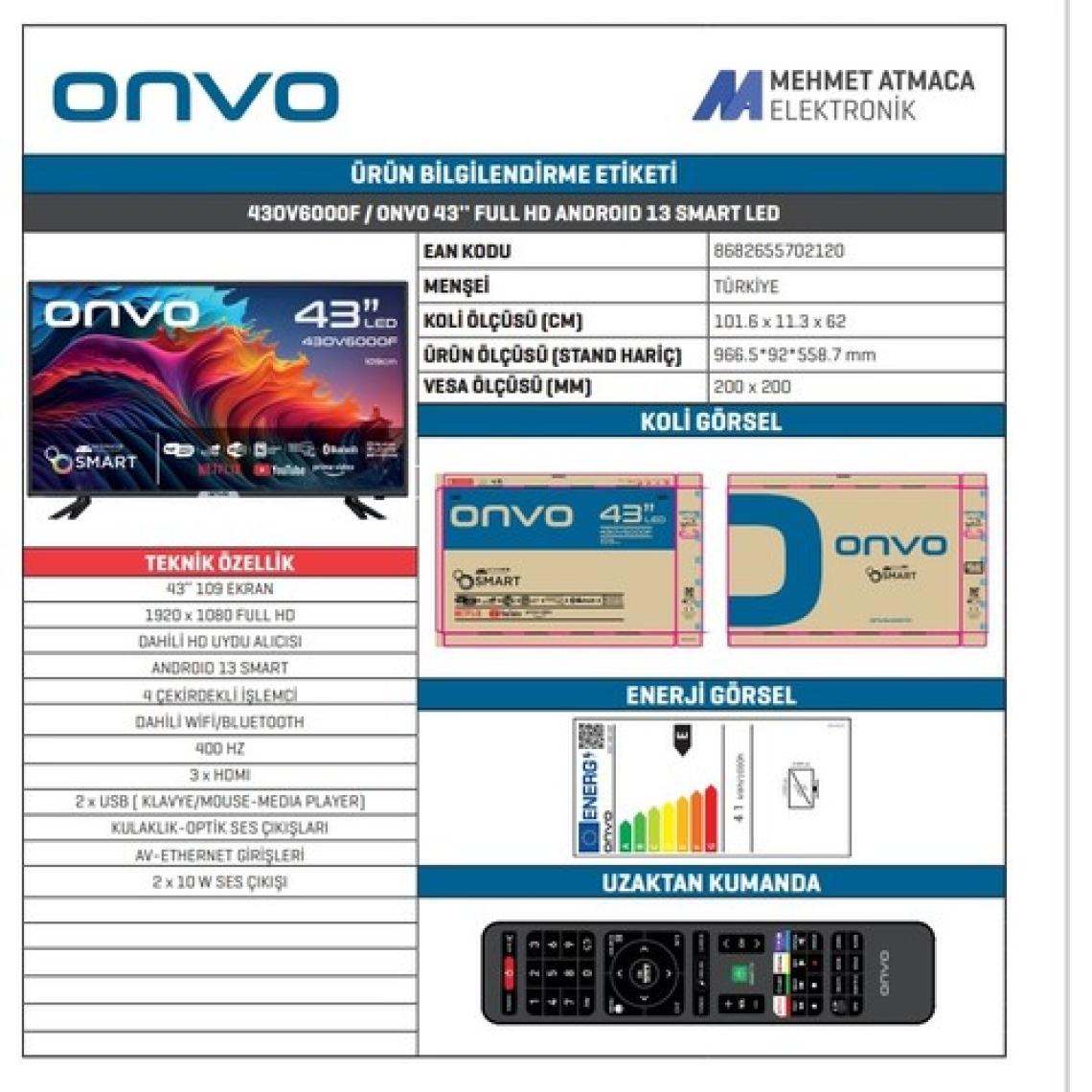 Onvo 43OV6000F 43" 109 Ekran Uydu Alıcılı Full HD Android Smart LED TV