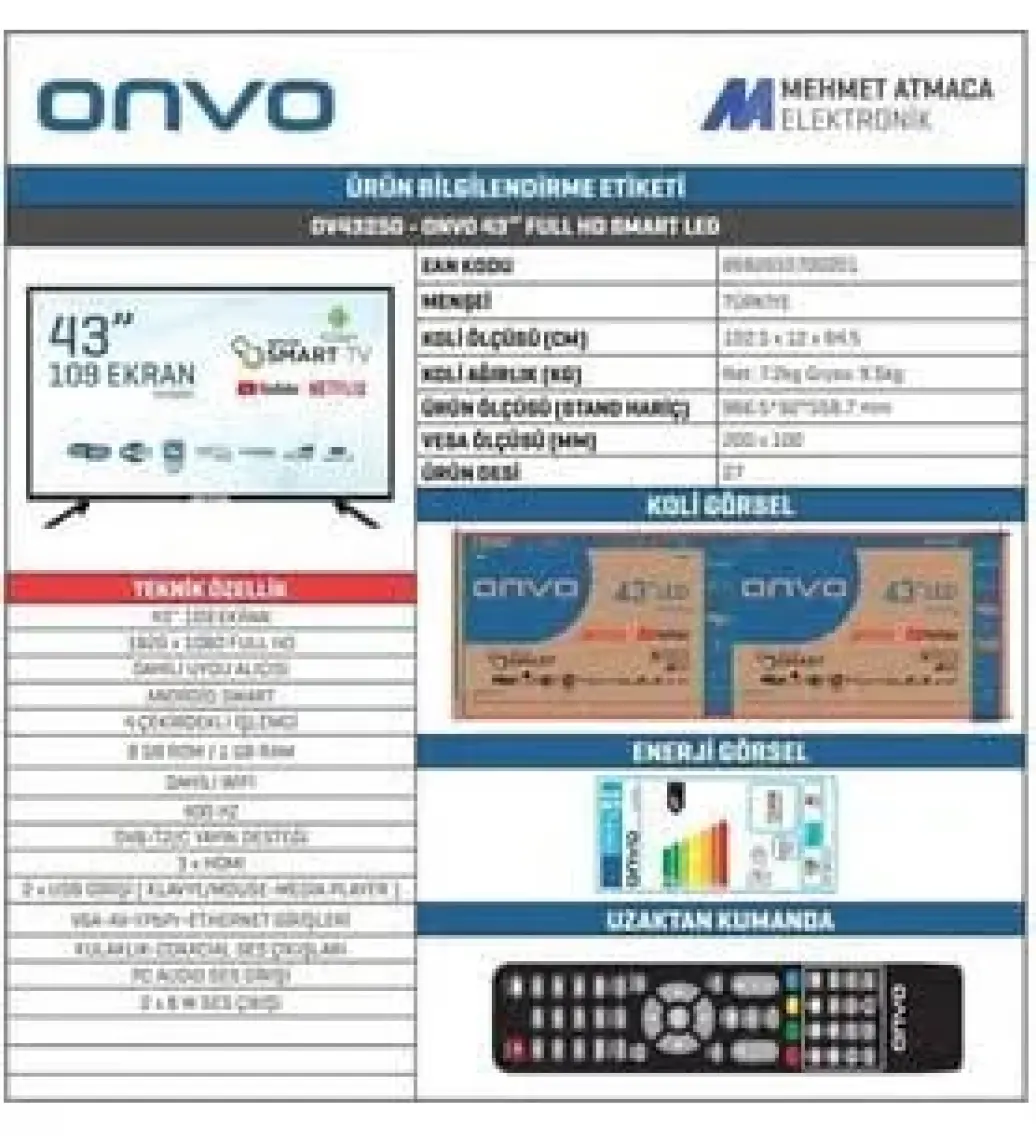 Onvo OV43250 43" 109 Ekran Uydu Alıcılı Full HD Android Smart LED TV