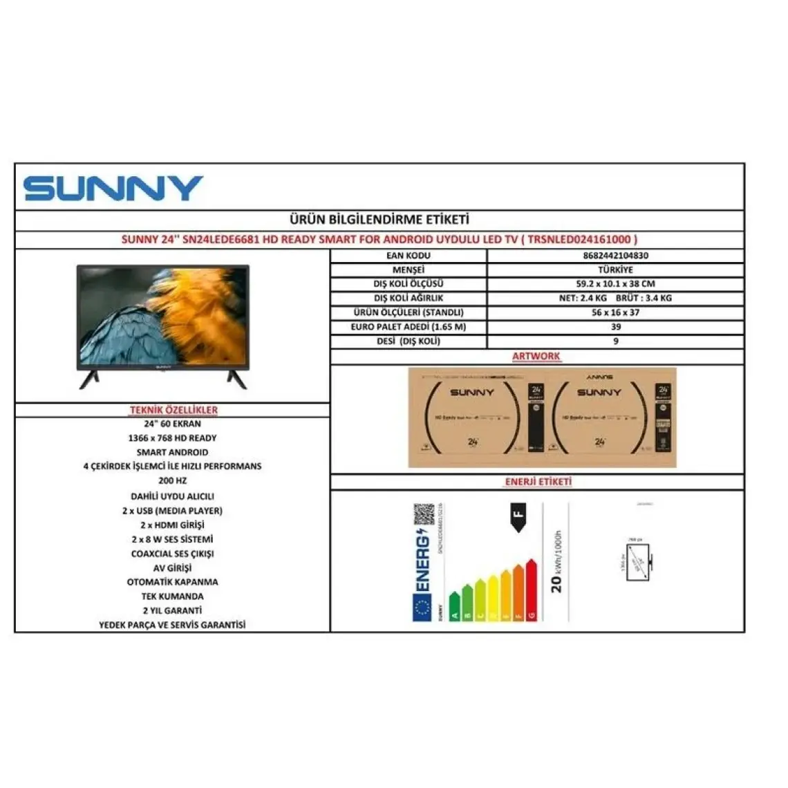 Sunny SN24LEDE6681 24" 60 Ekran Dahili Uydu Alıcılı HD Ready Smart LED TV
