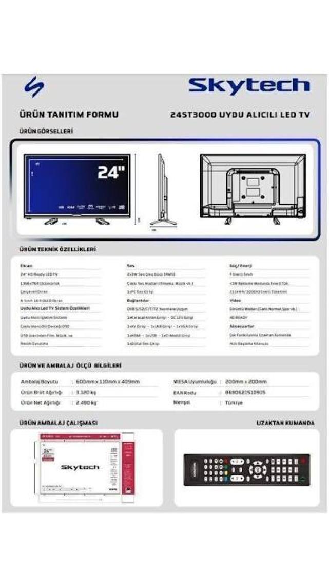 Skytech 24ST3000 24" 60 Ekran Dahili Uydu Alıcılı HD Ready LED TV