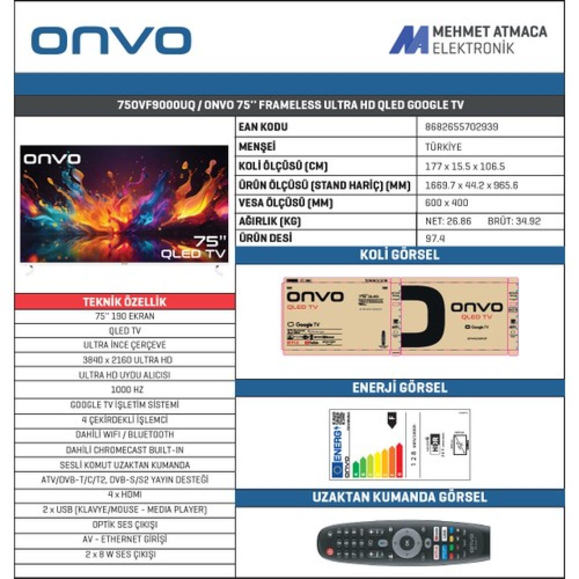 Onvo 75OVF9000UQ 75" 190 Ekran Uydu Alıcılı 4K Ultra HD Google Smart QLED TV