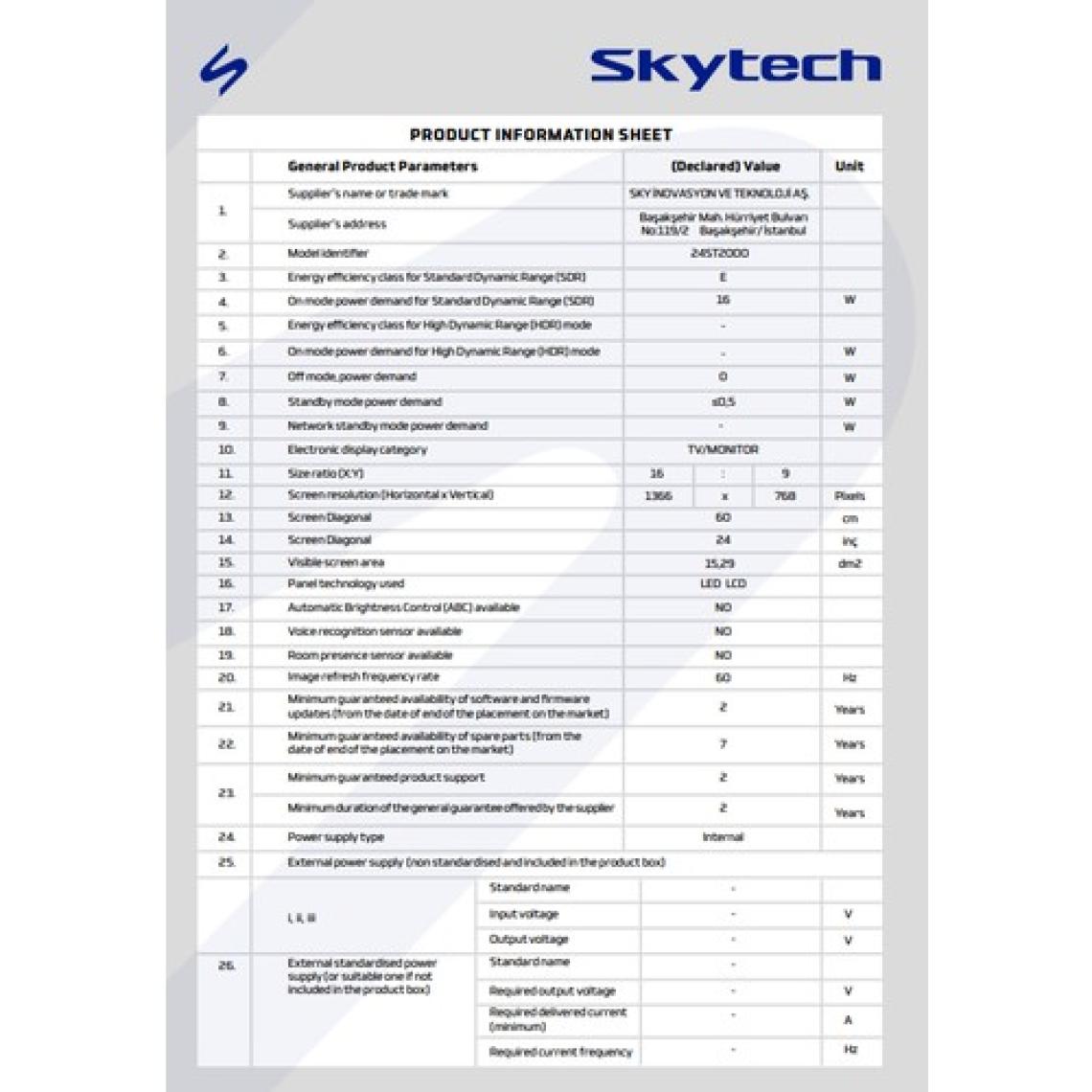 Skytech 24ST2000 24'' 60 Ekran Uydu Alıcılı HD Ready LED TV