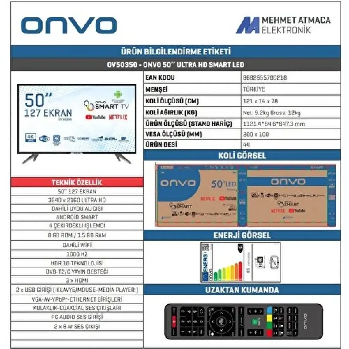 Onvo OV50350 4K Ultra HD 50" 127 Ekran Uydu Alıcılı Android Smart LED TV