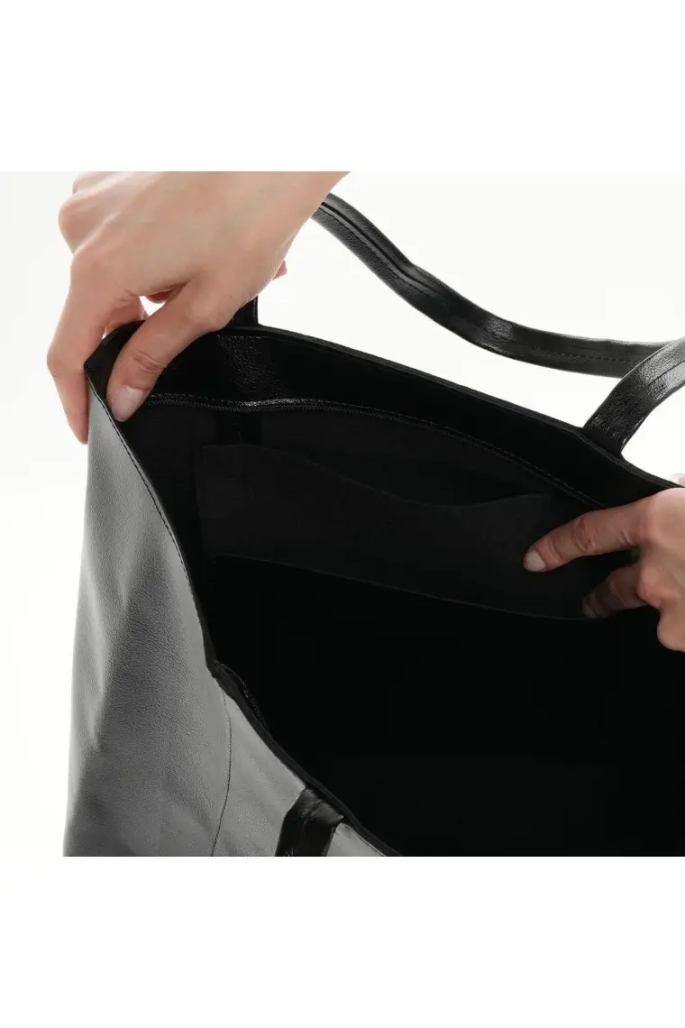 With-W Wıth-W kadın Orijinal Siyah Geniş Hacimli Iç Cepli Fermuarlı Kaliteli Deri Shopper Kol ve Omuz Çantası Beck TNC1009