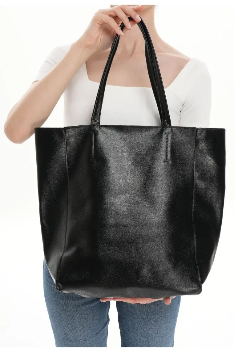 With-W Wıth-W kadın Orijinal Siyah Geniş Hacimli Iç Cepli Fermuarlı Kaliteli Deri Shopper Kol ve Omuz Çantası Beck TNC1009