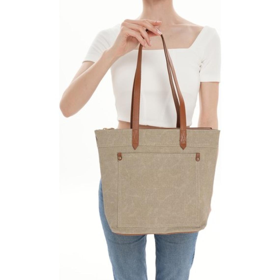 With-W Kadın Tote Bag Omuz Çantası Haki Deri Ladi TNC1013