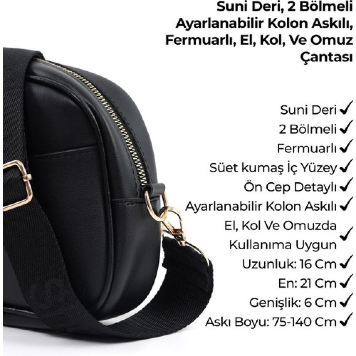Siyah SHK194 Suni Deri Fermuarlı 2 Bölmeli Ayarlanabilir Kolon Askılı Omuz Çantası