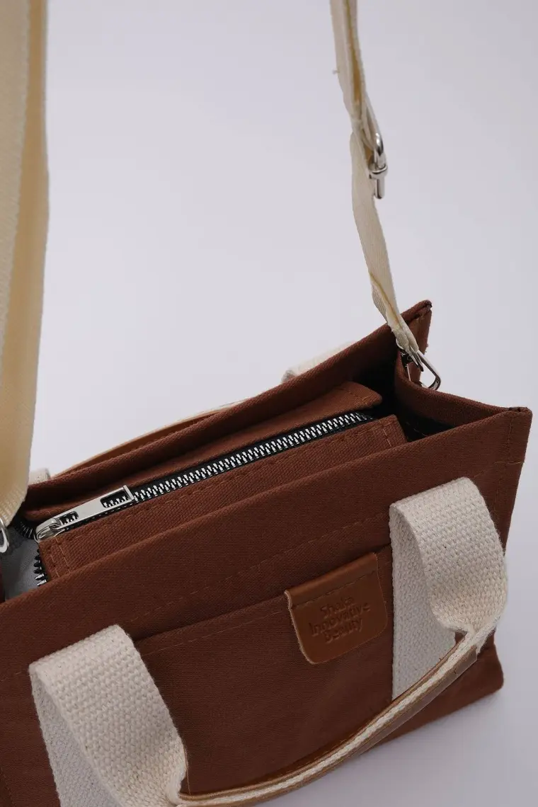 SHAKA Kiremit SHK138 2 Bölmeli Kanvas Kumaş Ayarlanabilir Askılı Fermuarlı El, Kol ve Omuz Çantası U:17 G:24 E:10 cm