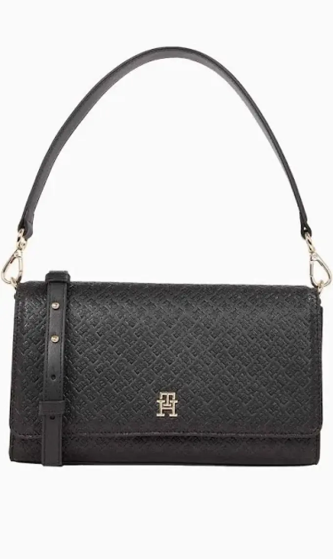 Tommy Hilfiger Kadın Siyah Monogram Kabartmalı Omuz Çantası
