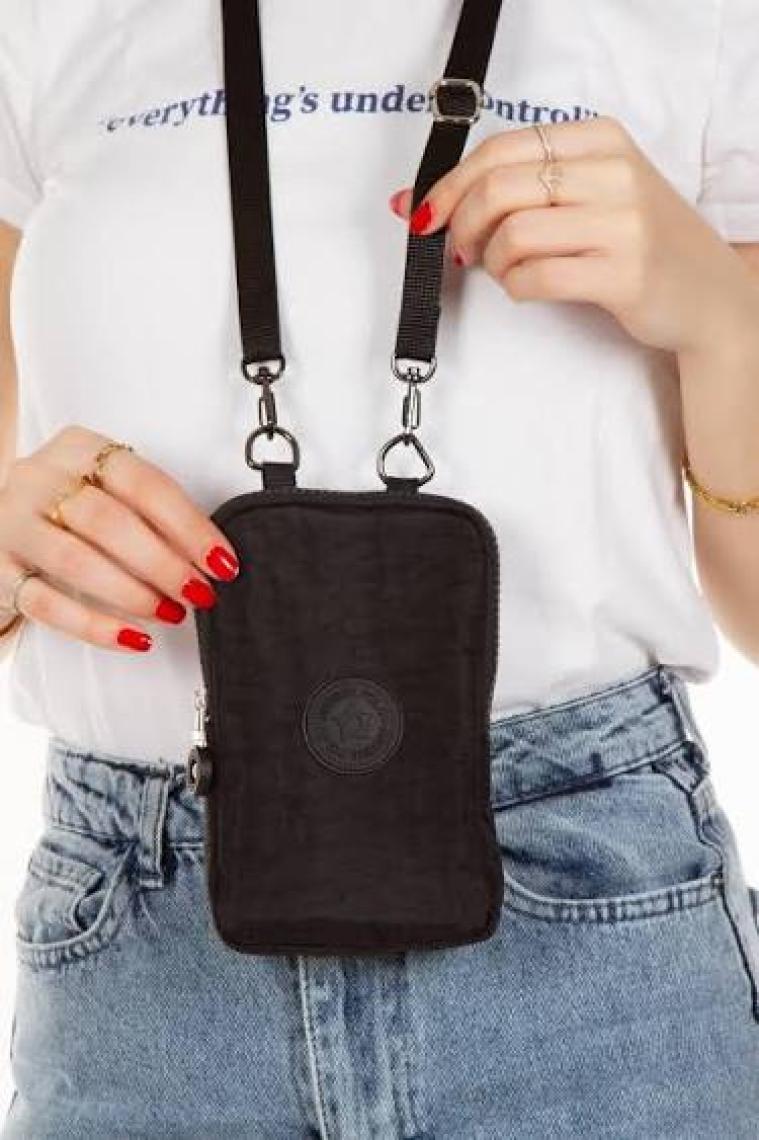 Newish Polo Kadın Krinkıl Kumaş Telefonluk Günlük Cüzdan ve Omuz Çantası newpolo124 - Siyah