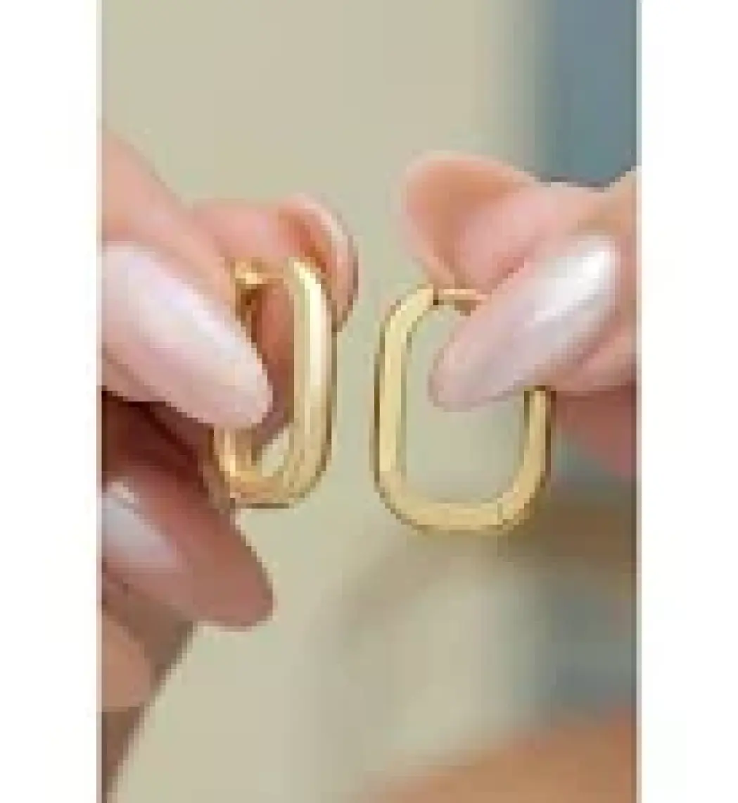 Nereze 925 Ayar Gümüş Gold Kaplama Taşsız U Şeklinde Küpe