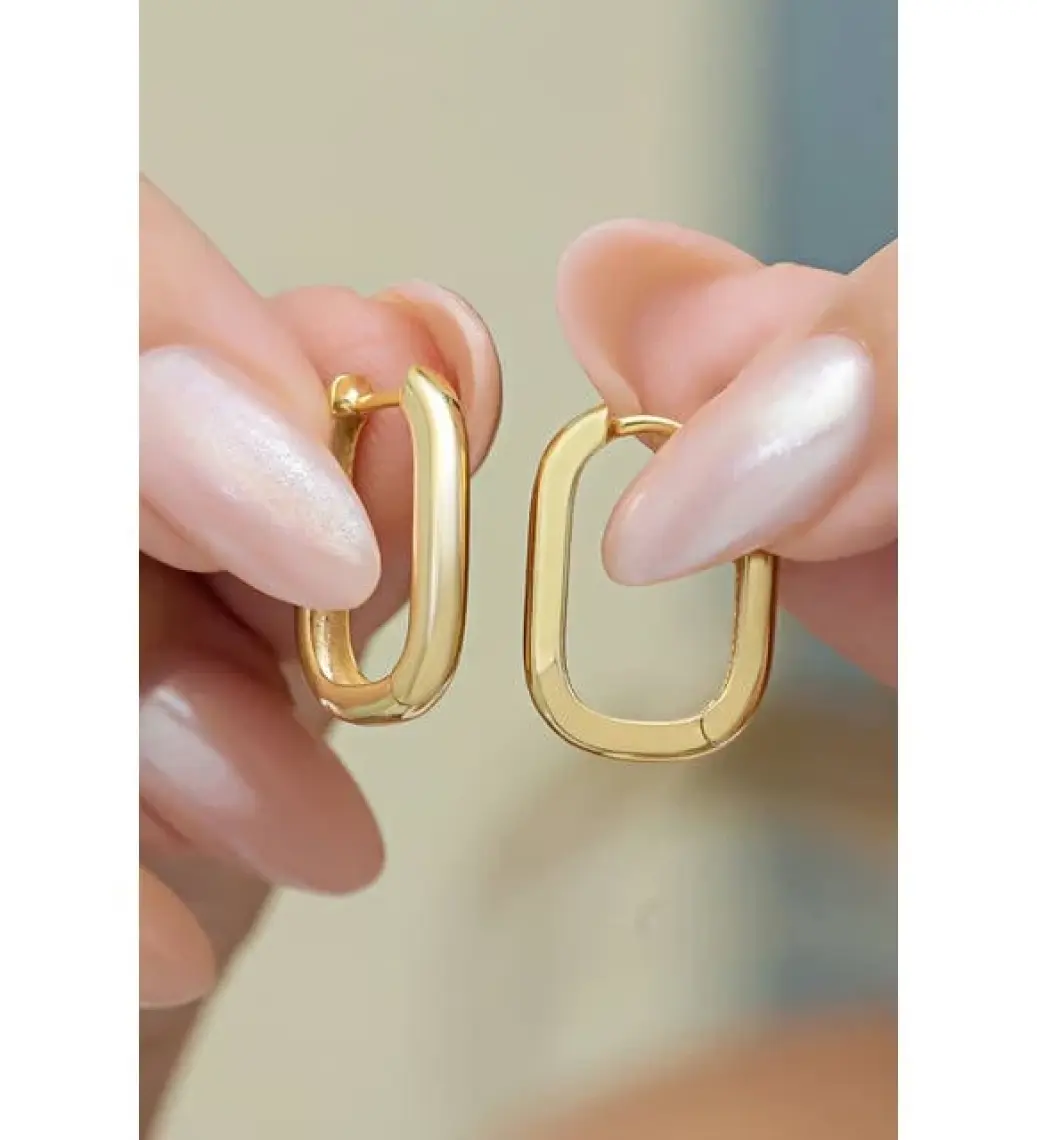 Nereze 925 Ayar Gümüş Gold Kaplama Taşsız U Şeklinde Küpe