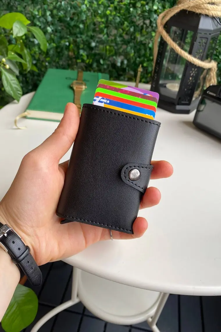 Modica Angora - Rfid Korumalı Kağıt Para Bölmeli Kişiye Özel Mekanizmalı Siyah Cüzdan/Akıllı Kartlık