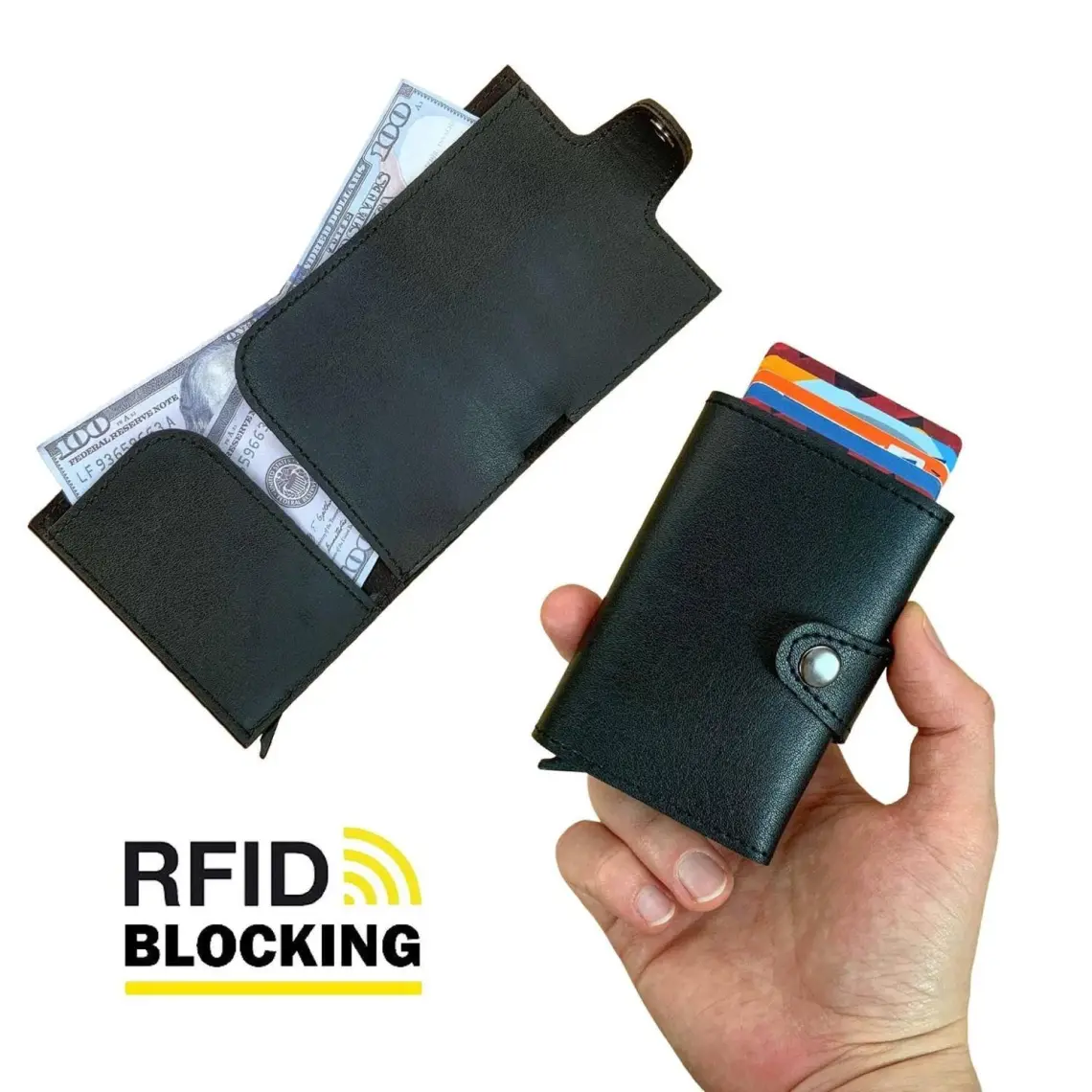 Modica Angora - Rfid Korumalı Kağıt Para Bölmeli Kişiye Özel Mekanizmalı Siyah Cüzdan/Akıllı Kartlık