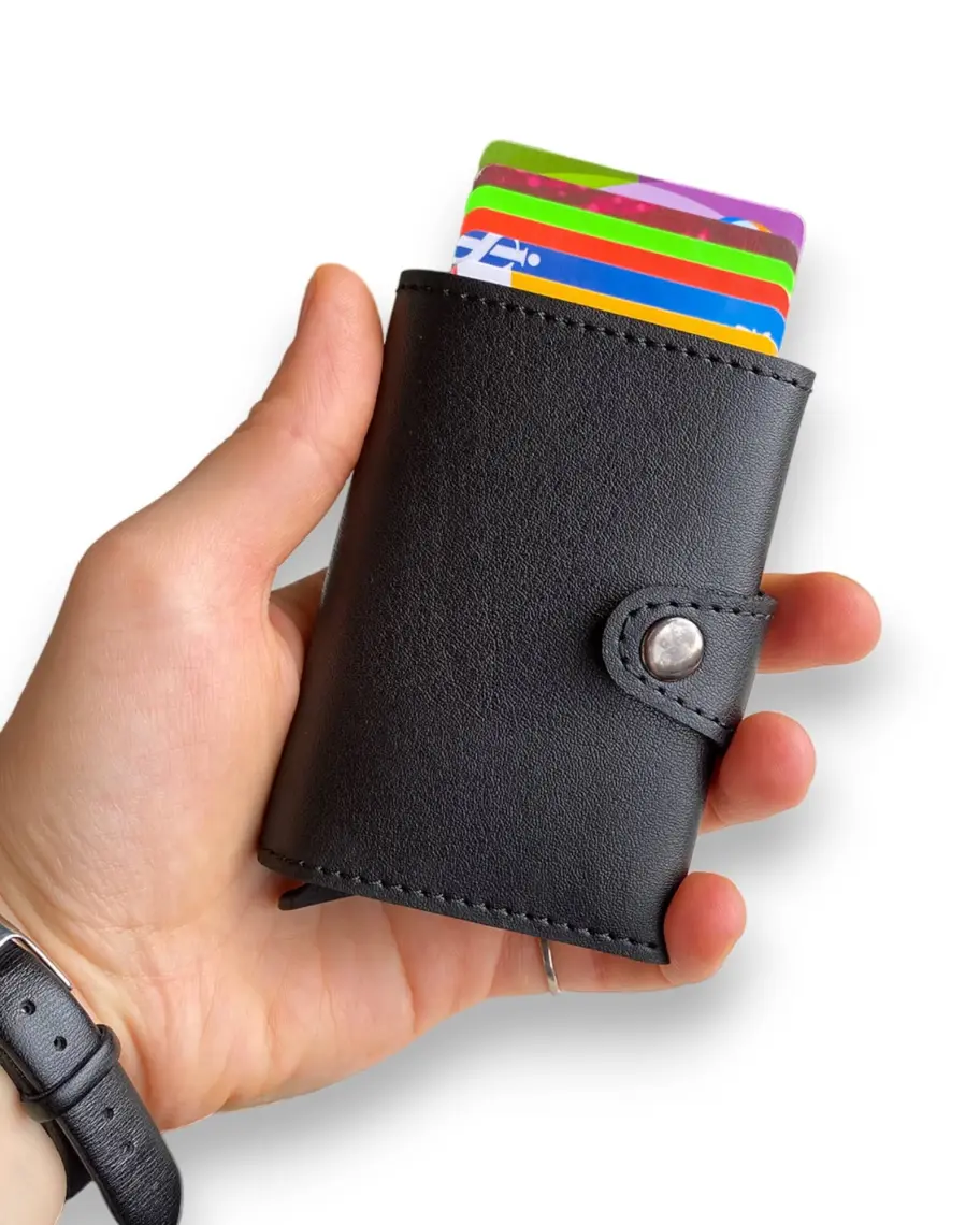 Modica Angora - Rfid Korumalı Kağıt Para Bölmeli Kişiye Özel Mekanizmalı Siyah Cüzdan/Akıllı Kartlık