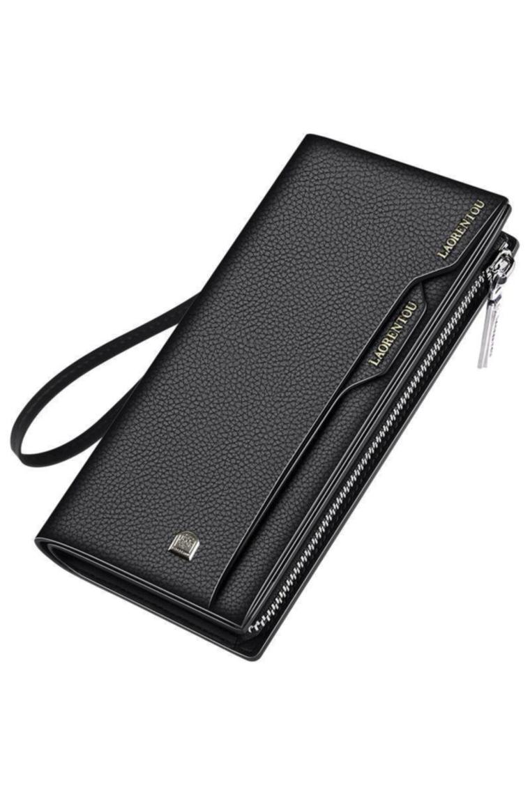 Laorentou Business Hakiki İtalyan Deri Uzun Erkek Clutch Cüzdan Kartlık Siyah