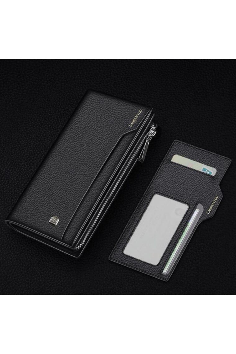 Laorentou Business Hakiki İtalyan Deri Uzun Erkek Clutch Cüzdan Kartlık Siyah