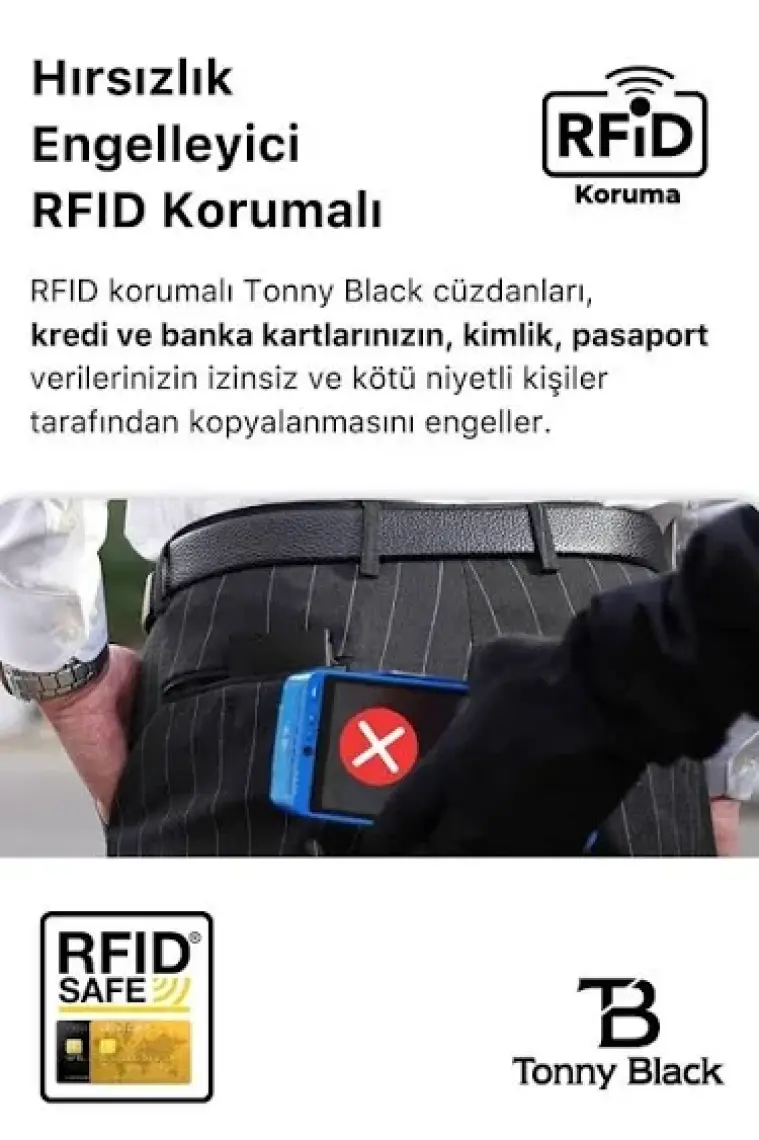 Tonny Black Otomatik Mekanizmalı Kutulu Rfid Korumalı Hırsızlık Engelleyici Para & Kartlıklı Cüzdan Siyah