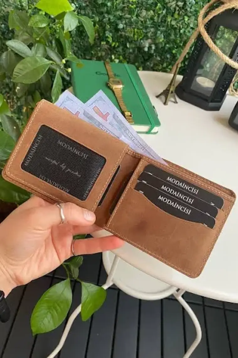 Modica Cosmos - İsmi Özel Hakiki Deri Kart Para ve Kimlik Bölmeli Erkek Cüzdan (Taba)
