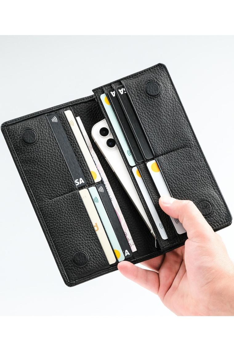 Alba - Telefon Bölmeli Deri Cüzdan - Hakiki Deri Cüzdan - Telefon Hazneli Uzun Cüzdan - Siyah Unisex