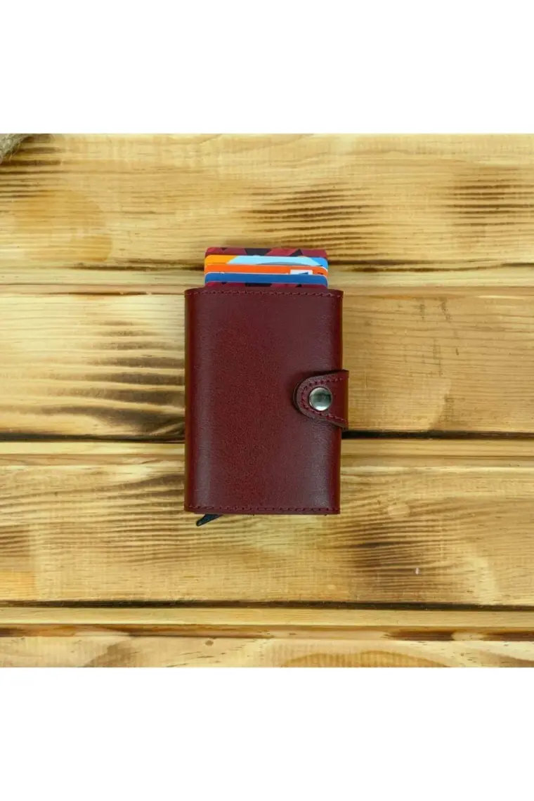 Modica Angora - Rfid Korumalı Kağıt Para Bölmeli Kişiye Özel Mekanizmalı Bordo Cüzdan/Akıllı Kartlık