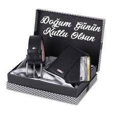 Doğum Günün Kutlu Olsun Yazılı Damalı Ve Kutulu Erkek Set Kemer Cüzdan Kartlık Kombin Siyah