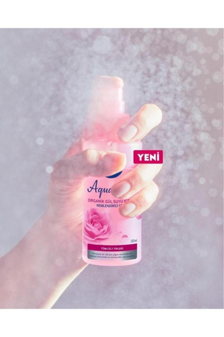 Aqua Rose Organik Gül Suyu Nemlendirici Yüz Sprey 150ml, Makyaj Öncesi ve Makyaj Sonrası Sabitleyici