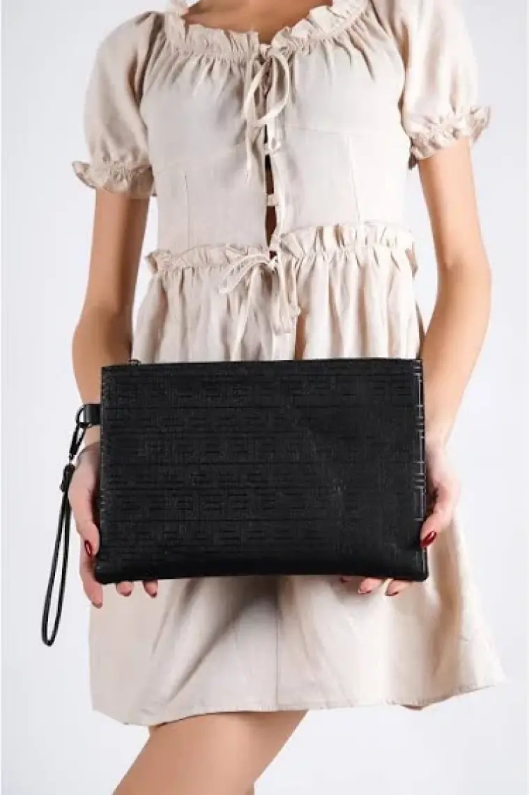 Saten Labirent Desenli Paris Kadın Clutch Çanta