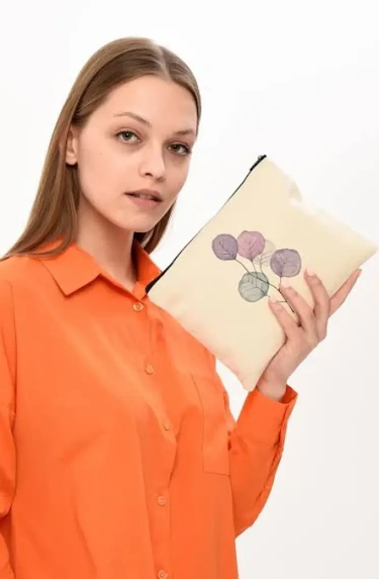 Çınar Bez Çanta Clutch Mor Çiçekler Kanvas Makyaj Çantası