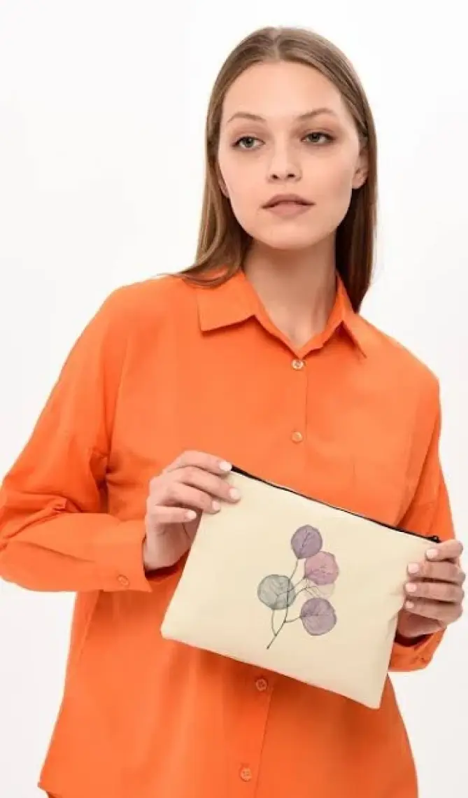 Çınar Bez Çanta Clutch Mor Çiçekler Kanvas Makyaj Çantası