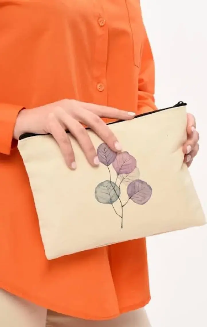 Çınar Bez Çanta Clutch Mor Çiçekler Kanvas Makyaj Çantası