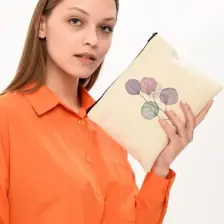 Çınar Bez Çanta Clutch Mor Çiçekler Kanvas Makyaj Çantası