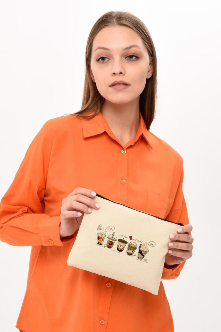 Çınar Bez Çanta Coffee Cup Baskılı Clutch Bez Çanta |  (25X17)