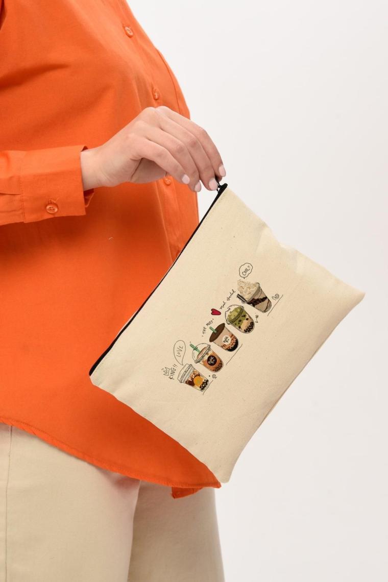 Çınar Bez Çanta Coffee Cup Baskılı Clutch Bez Çanta |  (25X17)