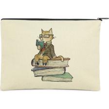 Çınar Bez Çanta Clutch Kitap Okuyan Kedi Kanvas Makyaj Çantası