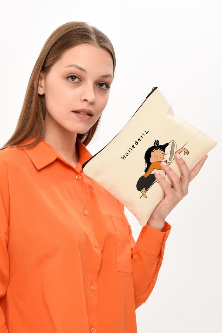 Çınar Bez Çanta Clutch Hallederiz Baskılı Kanvas Makyaj Çantası