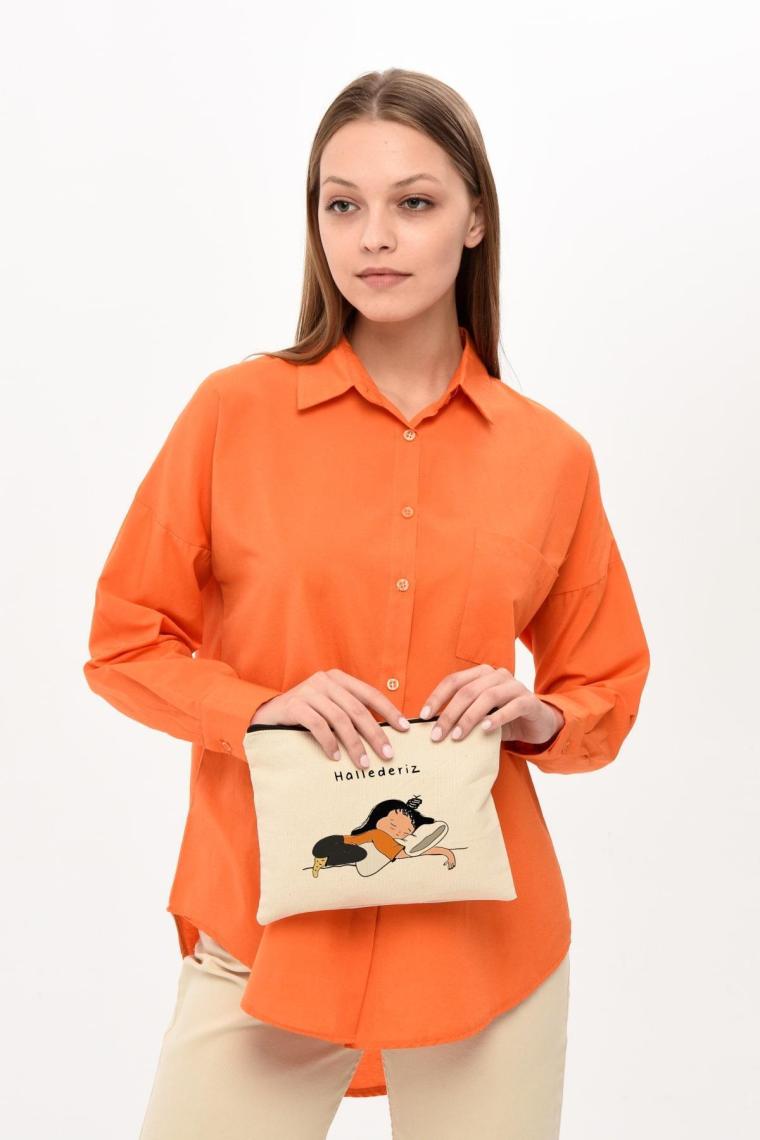 Çınar Bez Çanta Clutch Hallederiz Baskılı Kanvas Makyaj Çantası