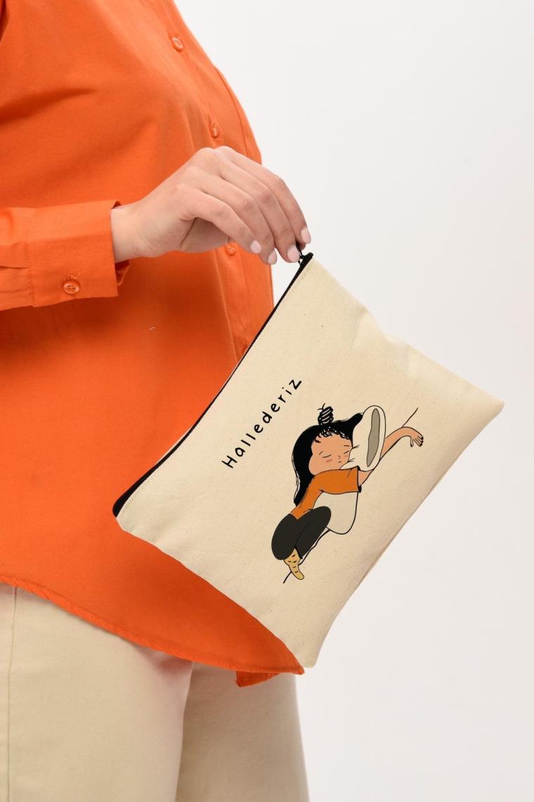 Çınar Bez Çanta Clutch Hallederiz Baskılı Kanvas Makyaj Çantası