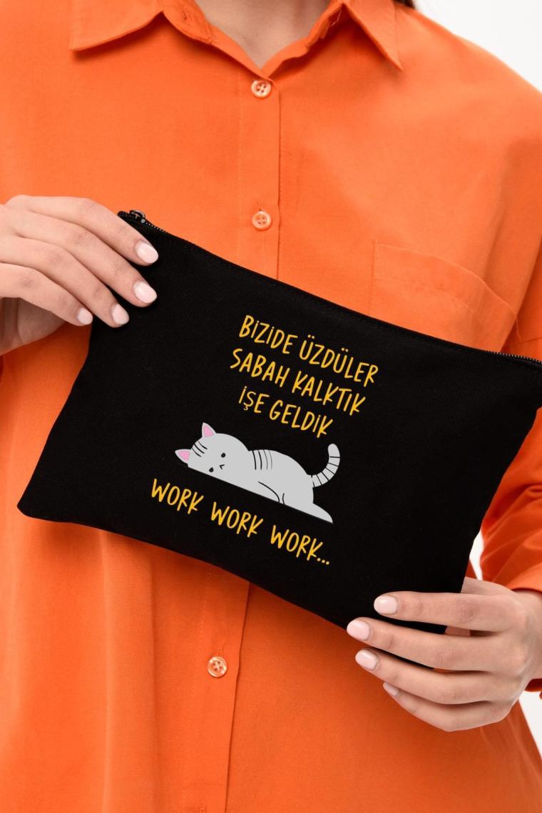 Çınar Bez Çanta Clutch Work Baskılı Siyah Kanvas Makyaj Çantası